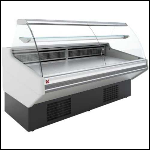 comptoir réfrigéré service arrière avec vitre courbe pour fromagerie, boucherie ou charcuterie