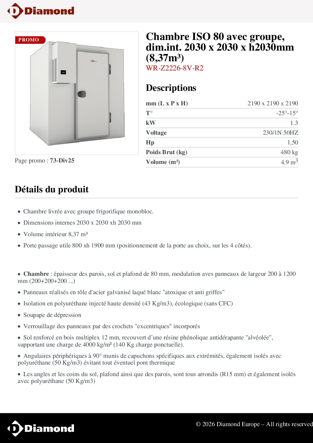 Chambre froide négative 8,37m³ WR-Z2226-8V-R2 – Image 2