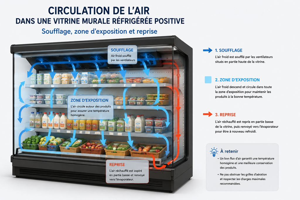 illustration de la circulation de l'air dans une vitrine murale réfrigérée positive