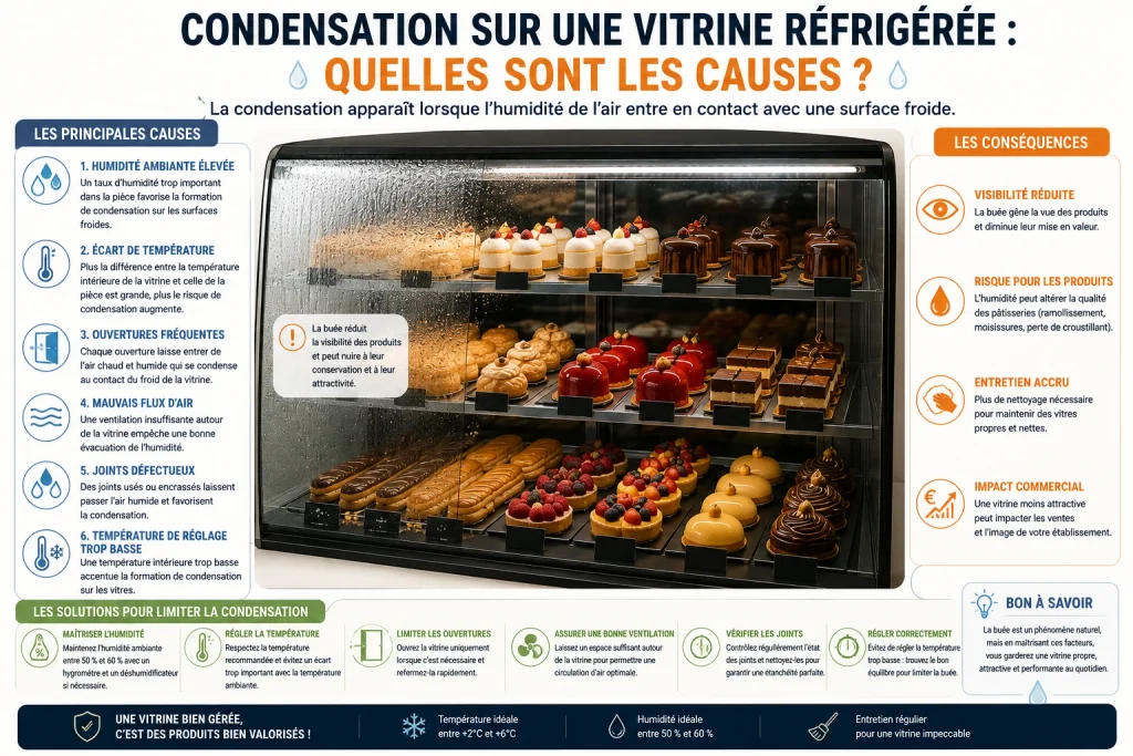 comprendre la condensation dans une vitrine pour pâtisserie professionnelle https://frigovitrines.fr/product-category/comptoirs-refrigeres-vitrines-service-arriere/vitrine-patisserie-professionnelle/