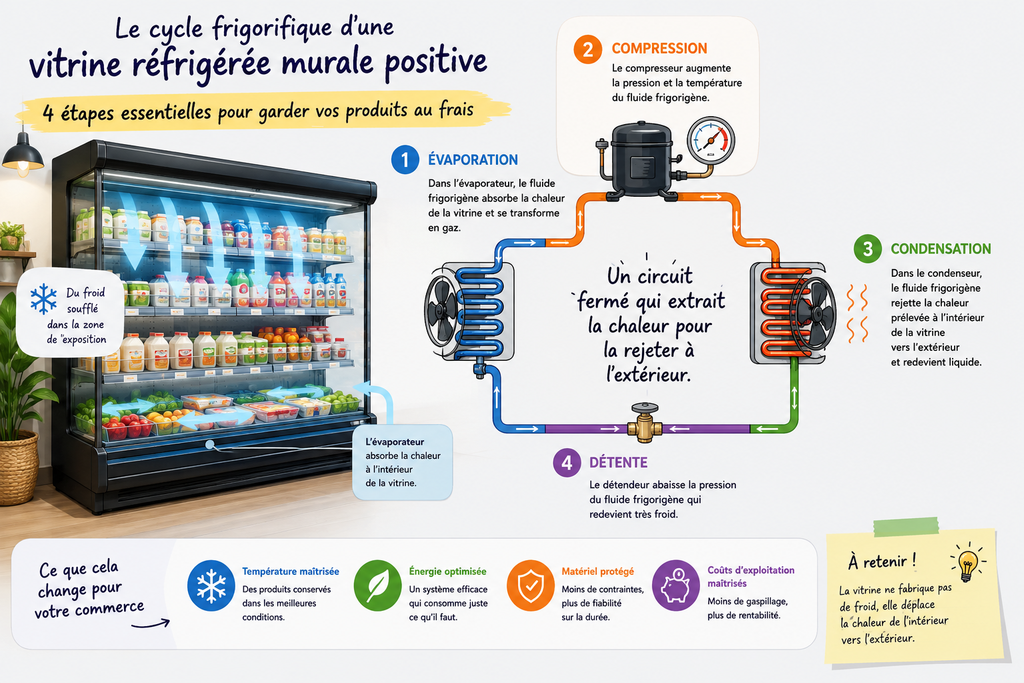 illustration du cycle frigorifique d'une vitrine réfrigérée murale positive