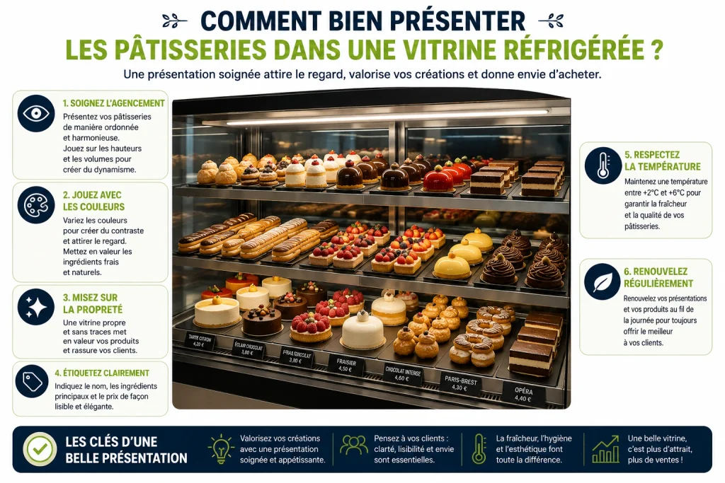 Comment bien présenter les pâtisseries dans une vitrine réfrigérée https://frigovitrines.fr/product-category/comptoirs-refrigeres-vitrines-service-arriere/vitrine-patisserie-professionnelle/