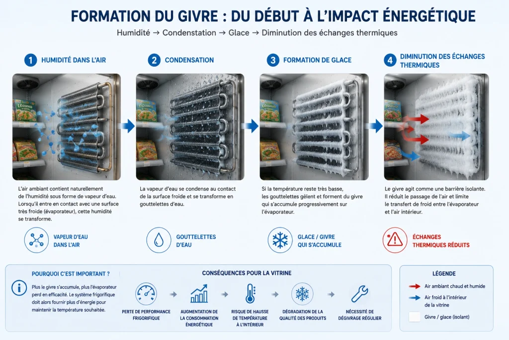 illustration de la formation du givre dans une vitrine réfrigérée murale négative