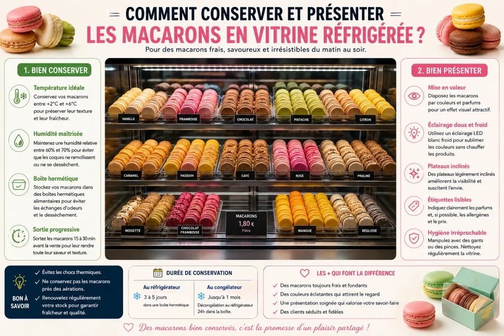 comment conserver et présenter les macarons en vitrine réfrigérée https://frigovitrines.fr/product-category/comptoirs-refrigeres-vitrines-service-arriere/vitrine-patisserie-professionnelle/